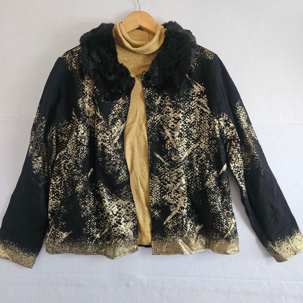 Chicos Wool Jacket Faux Fur Collar Black Gold Splatter White Stag Metallic Top L